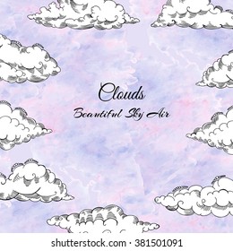  Background with clouds sketches. Hand drawn sky vector illustration