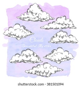  Background with clouds sketches. Hand drawn sky vector illustration
