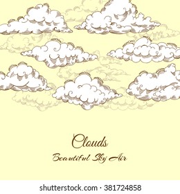  Background with clouds sketches. Hand drawn sky vector illustration