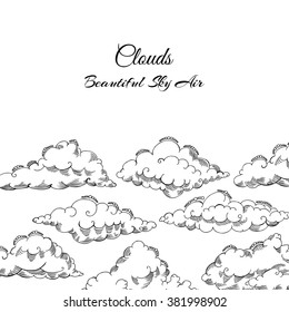  Background with clouds sketches. Hand drawn sky vector illustration