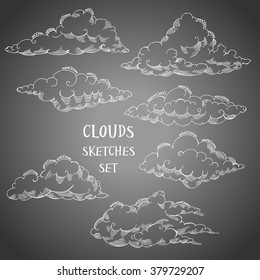  Background with clouds sketches set. Hand drawn sky vector illustration