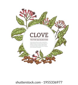 Background With Clove Plant Parts, Engraving Vector Illustration Isolated.