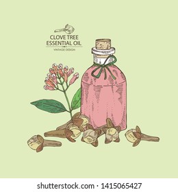Background with clove tree and bottle of clove essential oil. Cosmetic, perfumery and medical plant. Vector hand drawn