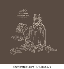 Background with clove tree and bottle of clove essential oil. Cosmetic, perfumery and medical plant. Vector hand drawn