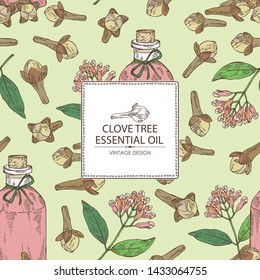 Background with clove tree and bottle of clove essential oil. Cosmetic, perfumery and medical plant. Vector hand drawn