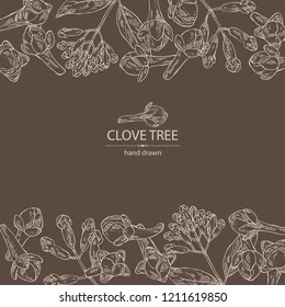 Background with clove tree: buds and leaves. Vector hand drawn illustration.