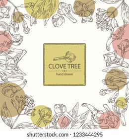 Background with clove tree: buds and leaves. Vector hand drawn illustration.