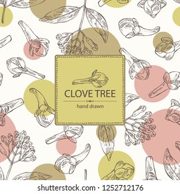 Background with clove tree: buds and leaves. Vector hand drawn illustration