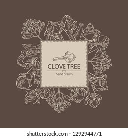 Background with clove tree: buds and leaves. Vector hand drawn illustration 