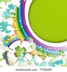 Background with clover and drops of water over rainbow