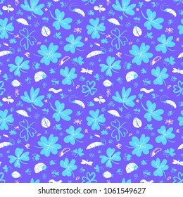 Background with clover leaves and insects. Seamless pattern with cute bugs, ladybirds, dragonfly. Vector illustration in doodle style. Design element for surfaces, textile, fabric and wrapping