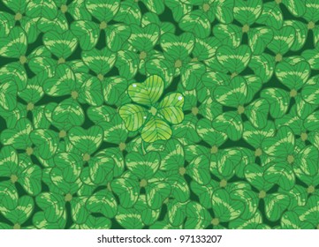Background with clovers for St.Patrick`s day, vector illustration. one Happy Four-leafed clover