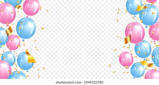 Hintergrund mit Cluster-Rosa und blauen Ballons Party Geburtstagskonzept, Urlaub, Web, Banner mit Kopienraum. Goldkonfetti. transparenter Hintergrund