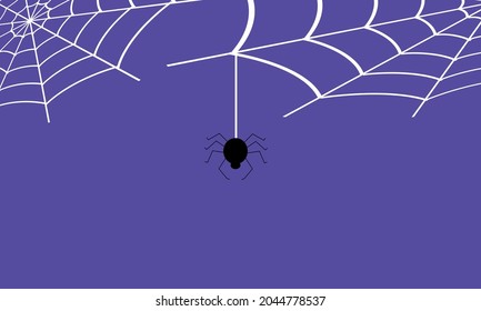 Background with cobwebs around the perimeter and a spider descending. Black spider on a purple background with a white spider web