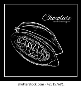 Background with Cocoa bean and leaf. Hand drawn sketch etch illustration. 
