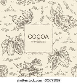 Background with cocoa: cocoa beans and plant. hand drawn