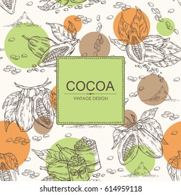 Background with cocoa: cocoa beans and plant. hand drawn