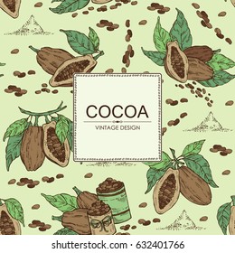 Background with cocoa: cocoa beans and plant. hand drawn