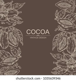 Background with cocoa: cocoa beans and plant. Vector hand drawn illustration