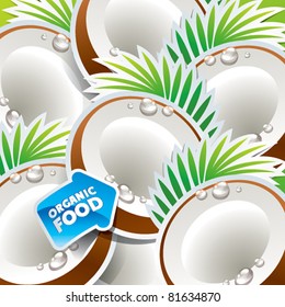 Background from coconut with the arrow by organic food. Vector illustration.