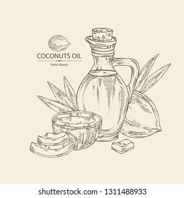 Background with coconut and bottle of coconut oil. Vector hand drawn illustration
