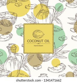 Background with coconut and bottle of coconut oil. Vector hand drawn illustration