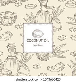 Background with coconut and bottle of coconut oil. Vector hand drawn illustration