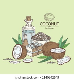 Background with coconut, coconut oil, soap and bath salt . Cosmetic and medical plant. Vector hand drawn illustration. 