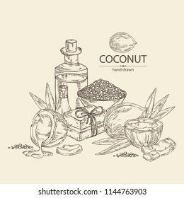 Background with coconut, coconut oil, soap and bath salt . Cosmetic and medical plant. Vector hand drawn illustration. 