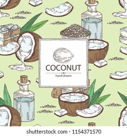 Background with coconut, coconut oil, soap and bath salt . Cosmetic and medical plant. Vector hand drawn illustration. 