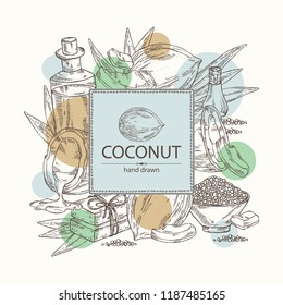 Background with coconut, coconut oil, soap and bath salt . Cosmetic and medical plant. Vector hand drawn illustration. 
