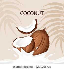 Background with coconuts and palm leaves.Coconut whole and in half with coconut milk.Vector illustration.