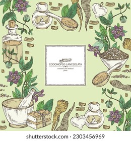 Background with codonopsis lanceolata: plant, flowers and codonopsis lanceolata roots. Oil, soap and bath salt . Cosmetics and medical plant. Vector hand drawn illustration