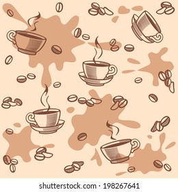 background with coffee beans and cup - seamless