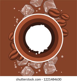 Background with coffee beans. Delicious flavored cold drink. Ice cubes and soda bubbles.