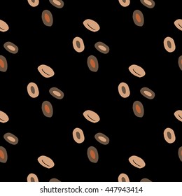 Background with coffee beans or pistachios. Black background. Vector. Seamless pattern. Suitable for packing, Wallpaper, fabric. 