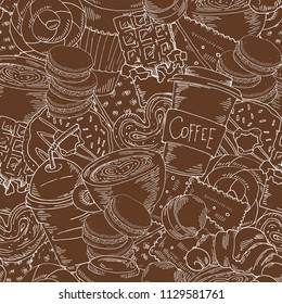 Background with coffee, cakes, donuts and sweets in brown colors. Hand drawn doodles grahic.