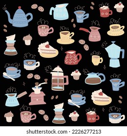 Background with coffee cups, cakes, coffee beans and etc. Vector Illustration hand drawing doodle style.