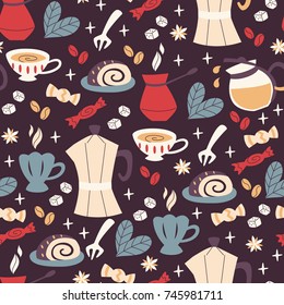 Background with Coffee Cups, Cakes, Coffee Beans and etc.