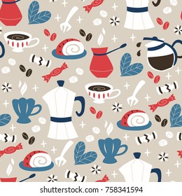 Background with Coffee Cups, Cakes, Coffee Beans and etc.