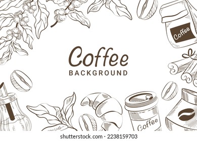 background coffee hand drawings coffee leaves grains and takeaway cup
