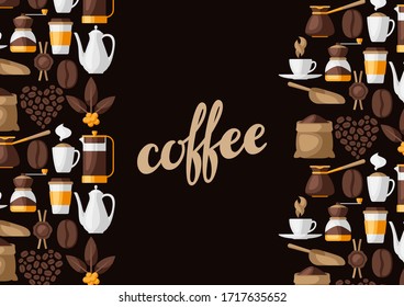 Background with coffee icons. Food illustration of beverage items. Design for coffee shop, bar and cafe.