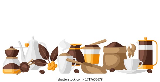 Background with coffee icons. Food illustration of beverage items. Design for coffee shop, bar and cafe.