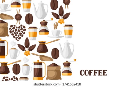 Background with coffee icons. Food illustration of beverage items. Design for coffee shop, bar and cafe.