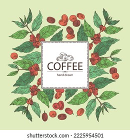 Background with coffee: coffee plant, leaves and coffee fruit. Vector hand drawn illustration.