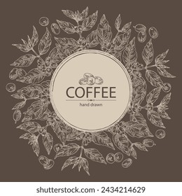 Background with coffee: coffee plant, leaves and coffee fruit. Vector hand drawn illustration.