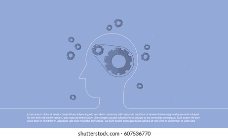 Background with cogwheel inscribed in line head. Concept business vector for investing into ideas, creative innovative work, growing business. Flat illustration with thin broken line.