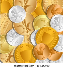 The background of the coins. The treasure of gold and silver coins lying loose on each other. Vector Image.