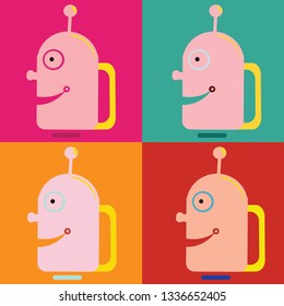 Background collected  of robot`s heads made in pop art style and looking funny and ironically.