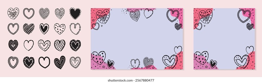 Background collection with cartoon hearts. Design with hand drawn elements for Valentine’s Day, Mother’s Day and Women’s Day. Vector illustration